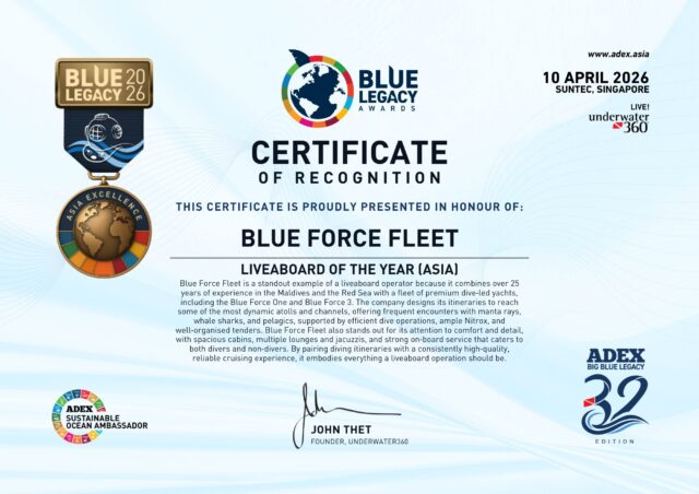 Today we want to share some very special news with the entire BLUE FORCE FLEET team.
At ADEX Singapore, the most important dive show in Asia, we have received the “Liveaboard of the Year (Asia)” award.
This recognition deeply moves us because behind it there are many years of hard work, passion for the ocean, commitment to our guests, and the enormous daily dedication of the entire BLUE FORCE team.
We would like to sincerely thank ADEX for this recognition and for valuing our way of understanding liveaboard experiences: with passion, professionalism, safety, attention to detail, and love for the ocean.
And above all, thank you to the entire BLUE FORCE FLEET team.
To those working on board and those supporting from shore.
To those who wake up early every day to make everything run smoothly.
To those who keep their enthusiasm alive even during the most difficult moments.
To those who still believe that excellence is built week after week, dive after dive, detail after detail, and smile after smile.
This award belongs to all of you too.
Thank you to all our guests, friends, and partners for joining us throughout this incredible 30-year journey.
We continue moving forward with the same passion as always.
See you in the Maldives and Egypt.
