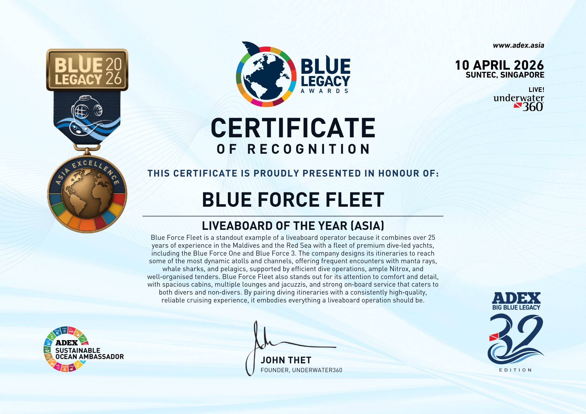 Today we want to share some very special news with the entire BLUE FORCE FLEET team.
At ADEX Singapore, the most important dive show in Asia, we have received the “Liveaboard of the Year (Asia)” award.
This recognition deeply moves us because behind it there are many years of hard work, passion for the ocean, commitment to our guests, and the enormous daily dedication of the entire BLUE FORCE team.
We would like to sincerely thank ADEX for this recognition and for valuing our way of understanding liveaboard experiences: with passion, professionalism, safety, attention to detail, and love for the ocean.
And above all, thank you to the entire BLUE FORCE FLEET team.
To those working on board and those supporting from shore.
To those who wake up early every day to make everything run smoothly.
To those who keep their enthusiasm alive even during the most difficult moments.
To those who still believe that excellence is built week after week, dive after dive, detail after detail, and smile after smile.
This award belongs to all of you too.
Thank you to all our guests, friends, and partners for joining us throughout this incredible 30-year journey.
We continue moving forward with the same passion as always.
See you in the Maldives and Egypt.